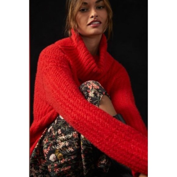 Worn Once - Anthropologie Maeve red Cowl Neck Pullover Chunky Sweater - - Picture 3 of 6